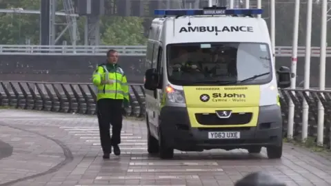 Cardiff and Vale UHB An ambulance arriving at the Dragon's Heart field hospital at the Principality Stadium