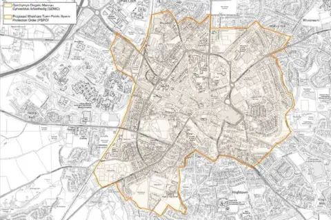 Crown Copyright Map showing area covered by proposed public spaces protection order for Wrexham