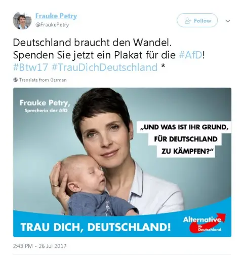 @FraukePetry Tweet in German with photo of Frauke Petry holding baby and text in German