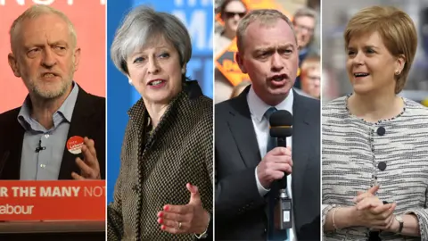 Reuters, PA, Getty Images Jeremy Corbyn, Theresa May, Tim Farron and Nicola Sturgeon