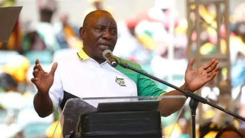 Reuters South African President Cyril Ramaphosa speaks during the election manifesto launch of the African National Congress in Durban on 12 January 2019