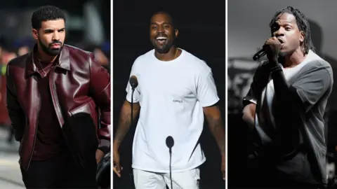 Getty Images Drake, Kanye West and Pusha T