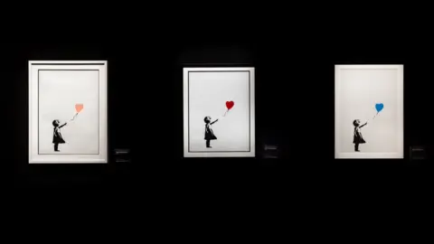 Mark Senior/The Art of Banksy/GTP Exhibitions Girl With Balloon in peach, red and blue