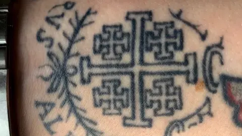 Dan Jones Jerusalem Cross tattoo