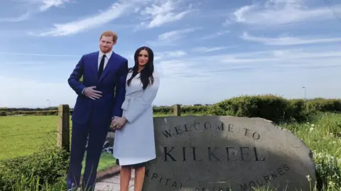 Richard McKee Life-sized cardboard figures of Prince Harry and Meghan Markle at Kilkeel, County Down