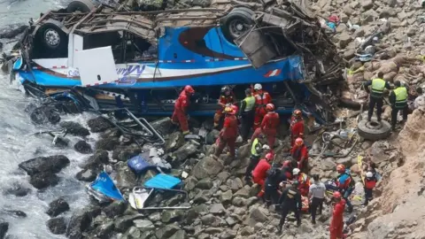 EPA 1 A handout photo made available by Agencia Andina shows a group of emergency personnel working to rescue victims after a passenger bus plunged off the Pan-American Highway North, about 45 kilometers from Lima, Peru, 02 January 2018.