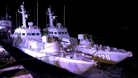 Getty Images Ukraine's naval ships, captured in the Kerch Strait in November 2018 and then returned by Russia, are seen in the port of Ochakiv, Ukraine, 20 November 2019