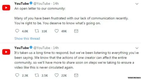 YouTube twitter Screenshot of YouTube's twitter page and the statement it released