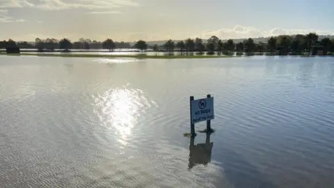 Football field fully underwater