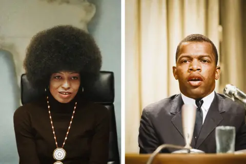 Library of Congress / Jordan J. Lloyd A split image of colourised photos of Angela Davis and John Lewis