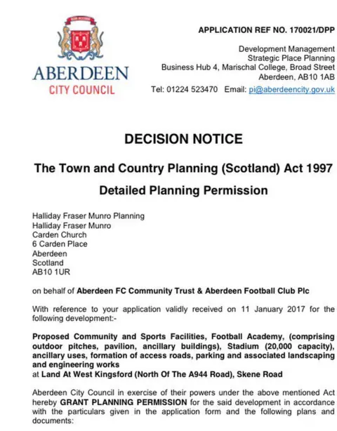 Aberdeen City Council Aberdeen FC planning permission