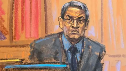 Reuters Former Honduras President Juan Orlando Hernandez testifies before U.S. District Judge Kevin Castel during his trial on U.S. drug trafficking charges in federal court in the Manhattan borough of New York City, U.S., March 5, 2024 in this courtroom sketch.