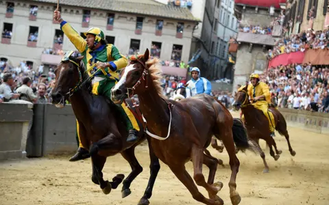 Getty Images Riderless horse Remorex of Selva Contrada team (C) passes Bruco Contrada team horse Schietta ridden by Andrea Mari known as Brio to win during the historical Italian horse race "Palio di Siena" on August 16, 2019 in Siena