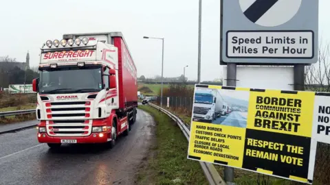 AFP A lorry travels across the Irish border