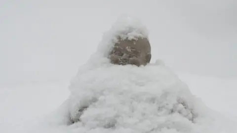 John Bradburn A snow-covered Buddha ornament in Buxton, Derbyshire