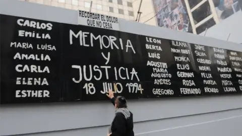 EPA A man touches a billboard with the names of victims during an event to commemorate the 25 years of the attack against the Asociacion Mutual Israelita Argentina (AMIA), in Buenos Aires, Argentina, 18 July 2019