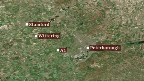 A map showing Stamford, Wittering, Peterborough and the A1