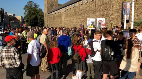 Protesters demonstrating in Cardiff