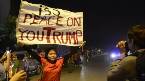 Getty Images Mai Khoi protests against the visit of current US President Donald Trump to Vietnam in November 2017