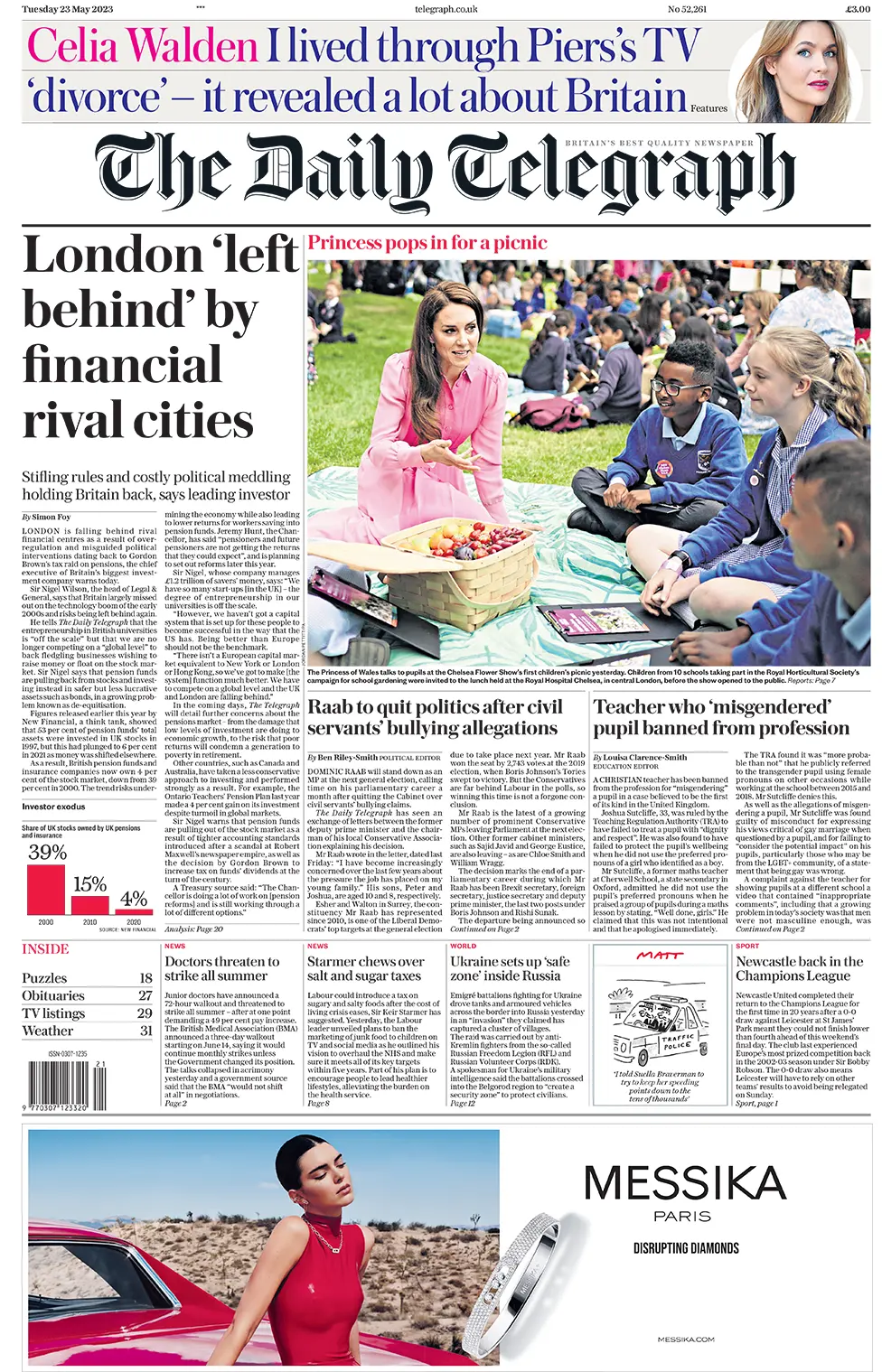 The headline in the Telegraph reads: "London 'left behind' by financial rival cities"