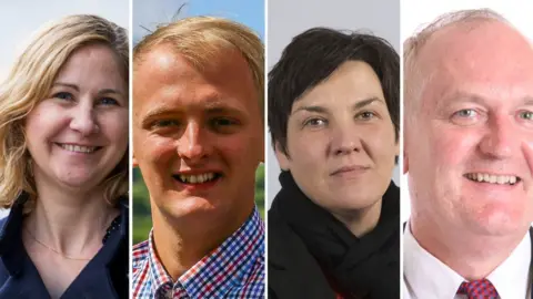 Labour/Plaid Wales' new MP (l-r) Anna McMorrin (Labour), Chris Ruane (Labour), Ben Lake (Plaid Cymru), Tonia Antoniazzi (Labour)