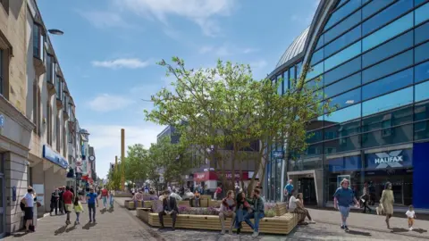 Newcastle City Council Artist's impression showing new seating and greenery on Northumberland Street