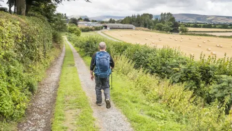 Getty Images Solitary Caucasian adult male walking on path carrying backpack; image taken on Offa's Dyke National Trail in Wales, UK between Kington and Knighton in Powys, UK