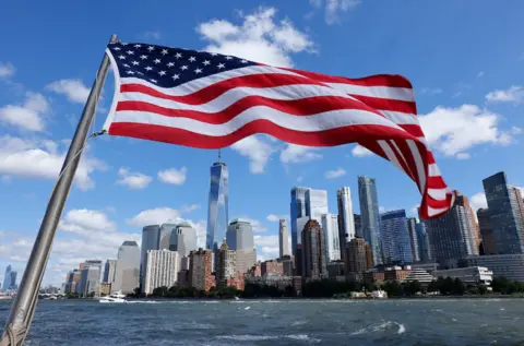 Getty Images USA flag with NYC skyline behind