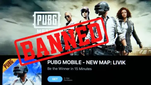 Getty Images Photo Illustration of PUBG app with Banned text on an ipad device in Guwahati, india, on September 2, 2020.