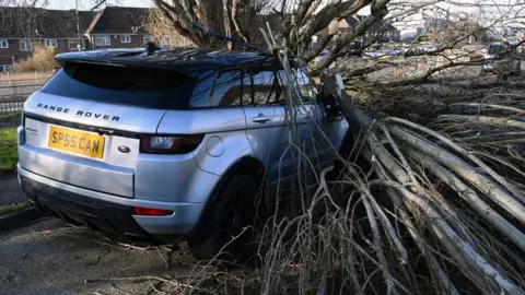 Getty Images Car hit by tree in Storm Eunice