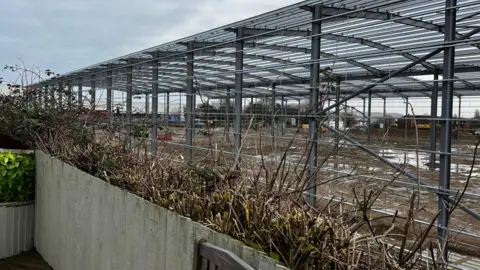 Jo Black/BBC The frame of a new warehouse development.