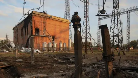 Reuters A power substation heavily damaged by a Russian missile strike in Kharkiv