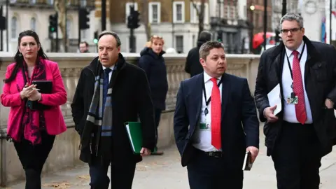 PA DUP delegation including Emma Little Pengelly, deputy leader Nigel Dodds (second left) and Gavin Robinson (right) in London