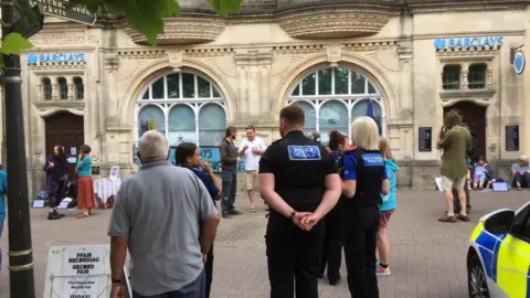 BBC Protesters are outside both entrances to the bank