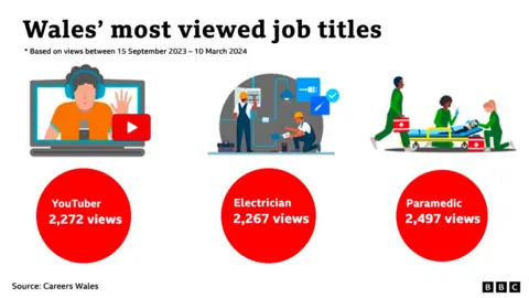 Wales' most viewed job titles in the last six months on the Careers Wales website. Electrician has attracted 2,267 ,Youtuber 2,272 views and Paramedic 2,497
