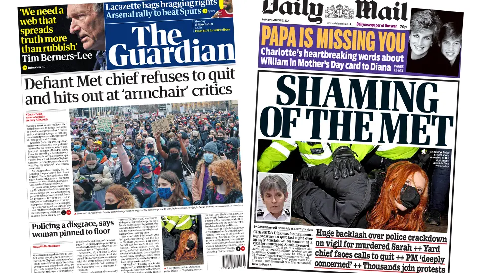 The Guardian and the Daily Mail front pages 15 March 2021