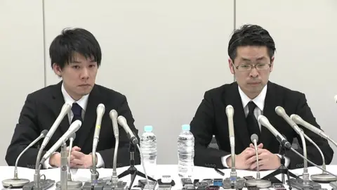 Nippon Hoso Kyokai Coincheck representatives face journalists in Tokyo, 26 January 2018