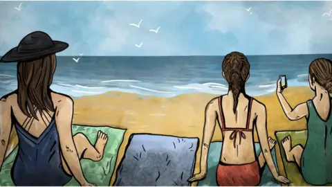 Gerard Groves/BBC An illustration of Four Towels - there is one empty towel where Ian's family are sitting on the beach