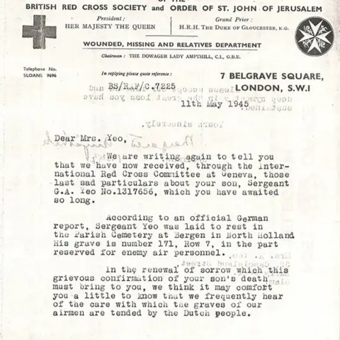 Yeo family Copy of British Red Cross letter to Mrs Yeo