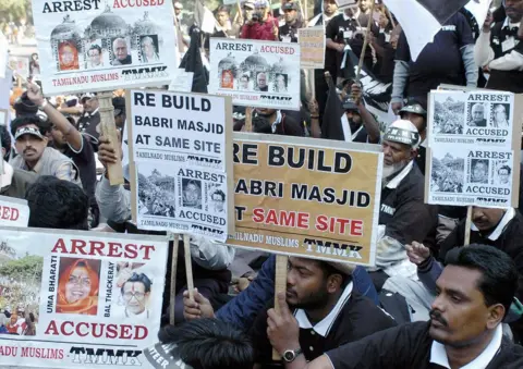 Getty Images Indian Muslims at a demonstration in 2004 to mark the anniversary of the mosque's demolition.