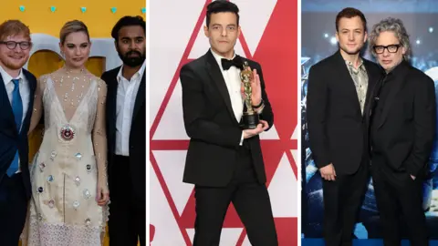 Getty Ed Sheeran, Lily James and Himesh Patel from Yesterday, Rami Malek with his best actor Oscar for Bohemian Rhapdosy and Rocketman star Taron Egerton, alongside director Dexter Fletcher.