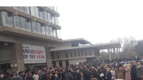 Carolina Garriga Students outside at University of Essex during the evacuation