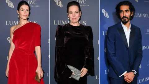 EPA/Getty Images Gemma Arterton, Olivia Colman and Dev Patel