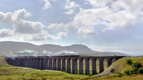 Steam train on Yorkshire viaduct