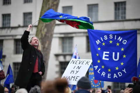 Jeff J Mitchell/Getty Images Pro-EU activists protest at Parliament Square as people prepare for Brexit on 31 January 2020 in London, United Kingdom.