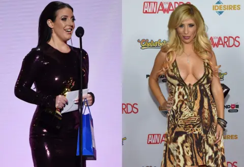 Getty Images Angela White with her Female Performer of the Year Award; Tasha Reign, chairwoman of the Adult Performer Advocacy Committee