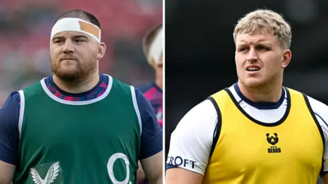 George Kloska (left) during a pre-match warm-up before England v South Africa. He is wearing a green bib over a t-shirt and a bandage around his head. Jimmy Halliwell (right) during a pre-match warm-up for Sale v Bristol wearing a yellow bib over a white Bristol team shirt and is looking to his right