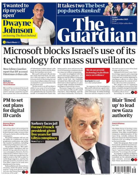 "Microsoft blocks Israel's use of its technology for mass surveillance" reads the headline on the front page of The Guardian.