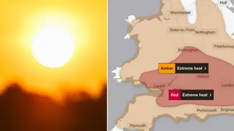 On one side is a picture of a very bright orage-yellow sun, the other side is a map with the red and amber weather warnings marked.