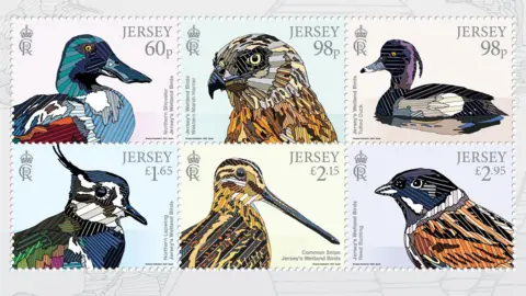 Jersey Post Six stamps featuring various Jersey wetland birds - they are line drawings in bold colours on pastel backgrounds, with different prices